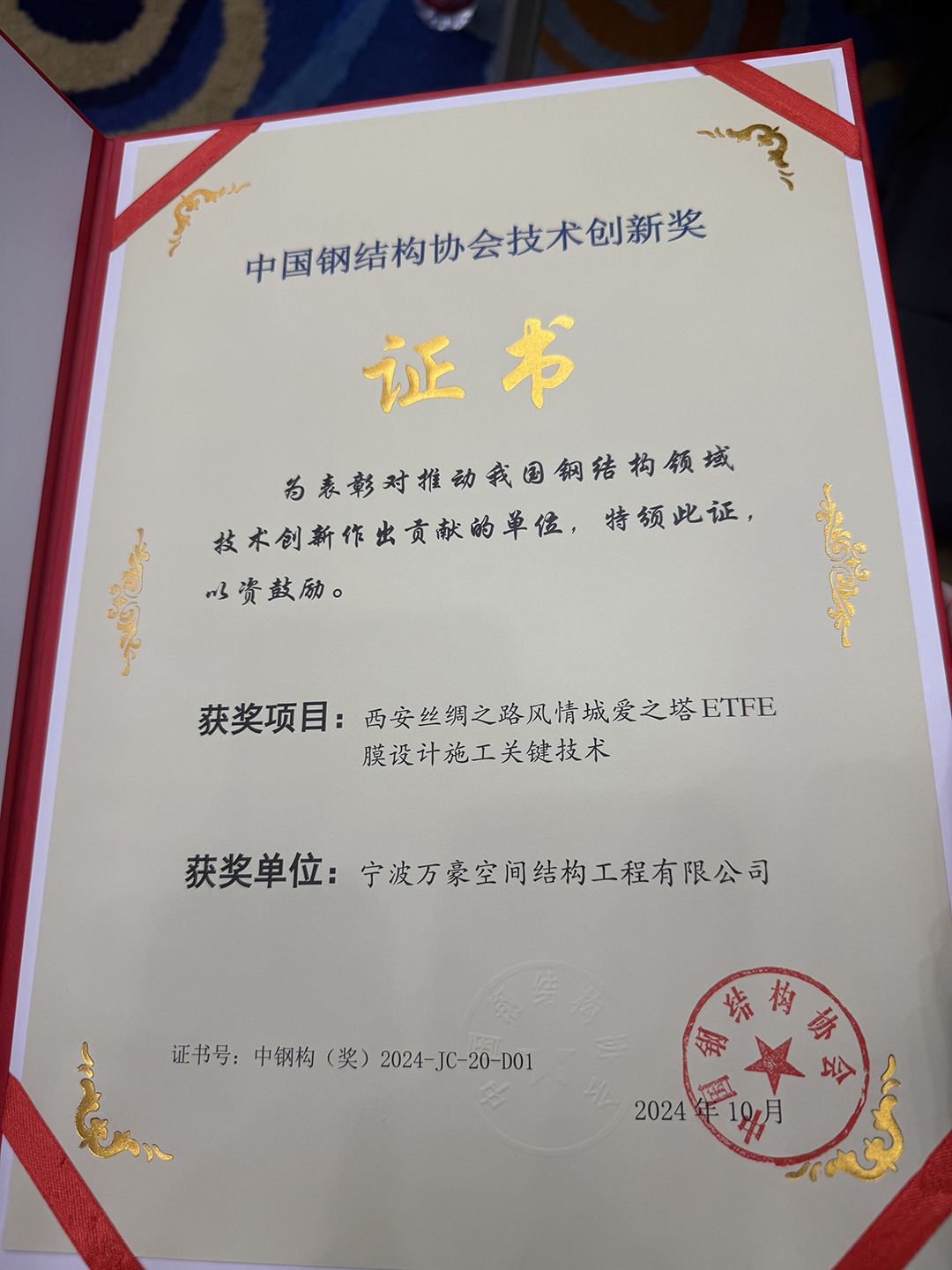 喜報(bào)！恭喜萬(wàn)豪空間結(jié)構(gòu)榮獲中國(guó)鋼結(jié)構(gòu)協(xié)會(huì)2024年度技術(shù)創(chuàng)新獎(jiǎng)